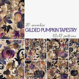 May include: A collection of 20 seamless Gilded Pumpkin Tapestry patterns, each 12x12 inches. The designs feature pumpkins, leaves, and floral elements in shades of purple, gold, and black, creating an autumnal aesthetic.
