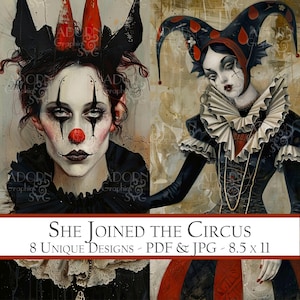 She Joined the Circus, Clown Junk Journal Pages, Carnival Collage Sheet, Vintage Ephemera, Scrapbooking, Card Making, Art Journal Supplies