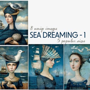 Art nautique fantastique pour journaux indésirables, kit d'éphémères numériques Sea Dreamer, pages de collage nautique surréaliste, collage numérique et pages de scrapbooking
