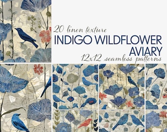 Seamless Indigo Bird Floral Patterns, Vintage Botanical Linen Digital Papers, 12x12 Blue Wildflower Backgrounds