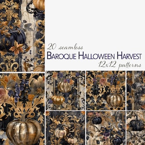 Baroque Halloween Harvest Seamless Patterns – Ornate Pumpkins & Scrolls in Black and Gold – Digital Papers for Autumn Crafts and Journals