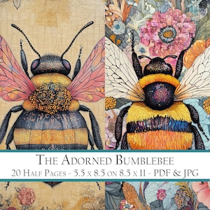 Puede incluir: Una ilustración digital de un abejorro con detalles intrincados y un cuerpo con estampado dorado y negro. El abejorro está rodeado de un fondo floral con flores rosas, amarillas y azules. El texto "THE ADORNED BUMBLEBEE" está en la parte inferior de la imagen, junto con el texto "20 HALF PAGES - 5.5 x 8.5 ON 8.5 x 11 - PDF & JPG".