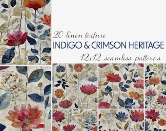 Seamless Floral Patterns 12x12 Indigo and Crimson Heritage Botanical Digital Paper