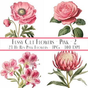 Pink Fussy Cut Flowers, Floral Ephemera Pack, Wedding Clipart, Card Making Cutouts, Junk Journal Supplies, 22 Cut Outs, Commercial Use