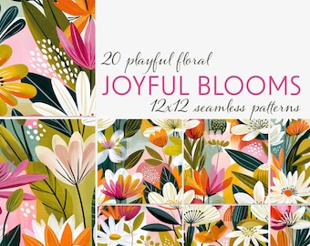Modern Floral Seamless Patterns | Joyful Blooms | 20 Bold Botanical Digital Papers | 12x12 JPG Instant Download