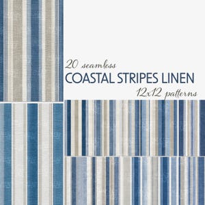 Könnte beinhalten: Eine Sammlung nahtloser Küstenstreifen-Leinenmuster in Blau-, Beige- und Weißtönen. Das Bild zeigt verschiedene vertikale Streifendesigns mit dem Text "20 seamless COASTAL STRIPES LINEN 12x12 patterns".