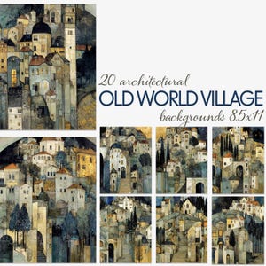 May include: A collection of 20 architectural "Old World Village" backgrounds, each featuring watercolor-style illustrations of quaint European villages. The images are in various sizes, with the largest being 8.5x11 inches.