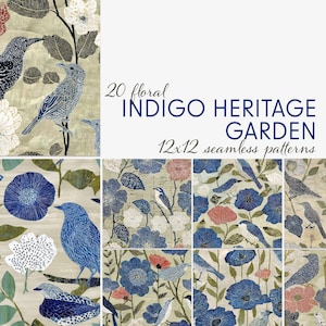 Pode incluir: Uma coleção de 20 padrões florais sem costura intitulada "Indigo Heritage Garden". Os padrões apresentam pássaros azuis, flores e folhagens em vários designs. Os padrões medem 30,48 x 30,48 cm e são adequados para tecido ou papel.