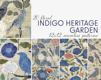 Vintage Bird and Floral Digital Papers, 20 Seamless 12x12 Patterns, Indigo Blue, Coral, Sage Linen Textures for Journals, Fabric