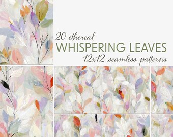 Painterly Leaf Seamless Patterns, 12x12 Digital Papers, Abstract Botanical Backgrounds, Pastel Nature Designs
