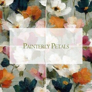 A collection of 20 seamless 12x12 digital floral patterns titled Painterly Petals, featuring expressive brushstroke textures with layered petals in orange, pink, white, and green on painterly backdrops. Perfect for junk journals, scrapbooks, fabric crafts, sublimation, collage, gift wrap, and digital design projects. Instant download in high-resolution JPG format.
