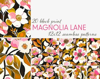 Pink Magnolia Seamless Patterns | Botanical Floral Digital Paper (12x12 JPG)