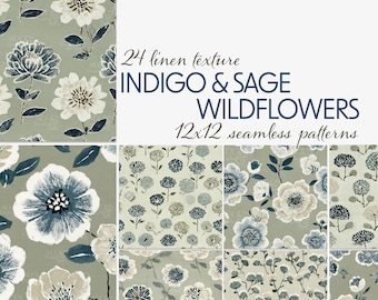 Indigo Sage Floral Seamless Patterns, 12x12 Linen Texture Blue Green Botanical Designs