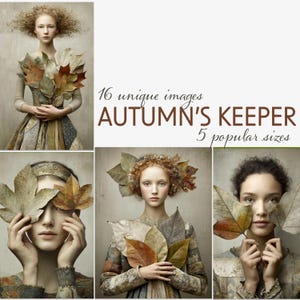 Op de afbeelding: Een composiet van vier portretten van vrouwen met herfstbladeren. De tekst luidt "16 unieke afbeeldingen AUTUMN'S KEEPER 5 populaire maten". De vrouwen dragen jurken en hebben bladeren in hun haar.