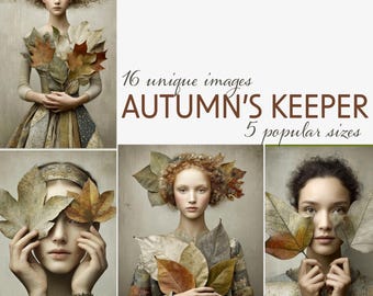 May include: A composite image featuring four portraits of women holding autumn leaves. The text reads "16 unique images AUTUMN'S KEEPER 5 popular sizes". The women are wearing dresses and have leaves in their hair.