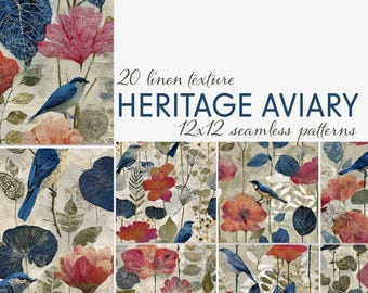 Bird & Floral Seamless Patterns 12x12 Vintage Linen Botanical Digital Paper Pack