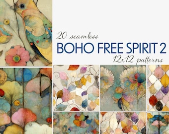 Boho Free Spirit Seamless Paper Pack, 20 Printable Artistic Backgrounds for Stationery, Collage, Sublimation, Junk Journals & Digital Crafts