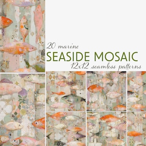 May include: A set of 20 marine-themed seamless patterns. The patterns showcase illustrations of fish in orange, pink, and white. The text "SEASIDE MOSAIC" is displayed with the dimensions "12x12 seamless patterns".