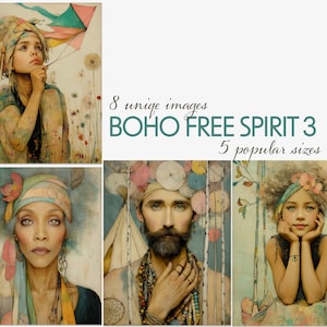 Pacote de personagens Boho Free Spirit 3 – 8 figuras Boho imprimíveis em 5 tamanhos para diários de sucata, ATCs, colagens, cartões e projetos de mídia mista