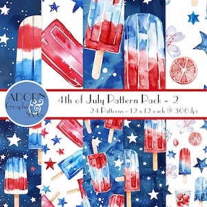 4 juli papierpakket, onafhankelijkheidsdagpatronen, rood-witte en blauwe achtergronden, ijslolly&#39;s, digitale zomerpatronen, 24 herhaalpatronen