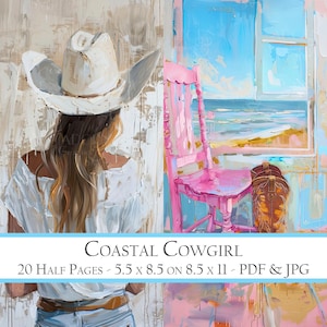 Coastal Cowgirl Junk Journal Paper, Kit per diario, Materiale effimero stampabile, Forniture per album, Pagine di sfondo, Stivali da cowgirl, Cappello da cowboy