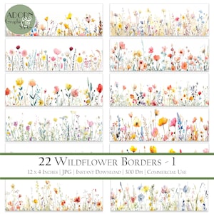 Bordure de fleurs sauvages, clipart mariage, clipart fleurs printanières, aquarelles florales, fabrication de cartes, créations de livres, articles éphémères pour le journal indésirable, publicité