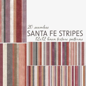May include: A collection of 20 seamless Santa Fe Stripes linen texture patterns. The patterns feature vertical stripes in various colors, including red, gray, and beige. Each pattern is 12x12 inches.