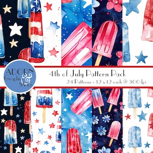 4 juli digitaal papierpakket, onafhankelijkheidsdagpatronen, rood-witte en blauwe patronen, scrapbooking, zomerpatronen, 24 naadloze patronen