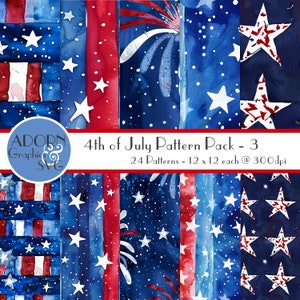 4th of July Paper Pack, 24Independence Day Patterns, Red White and Blue Backgrounds, Stars and Stripes, Summer Patterns, Fireworks Patterns