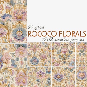 Könnte beinhalten: Eine Sammlung von 20 nahtlosen Rococo-Blumenmustern. Die Muster zeigen aufwendige Blumenmotive in Blau-, Rosa- und Goldtönen auf cremefarbenem Hintergrund. Der Text lautet "20 gilded Rococo Florals 12x12 seamless patterns".