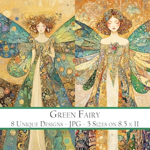 May include: Two digital illustrations of fairies with green wings and intricate patterns. The fairies are wearing long, flowing dresses with gold and green details. The text "GREEN FAIRY" is at the bottom of the image. The text "8 UNIQUE DESIGNS - JPG - 5 SIZES ON 8.5 x 11" is also at the bottom of the image.