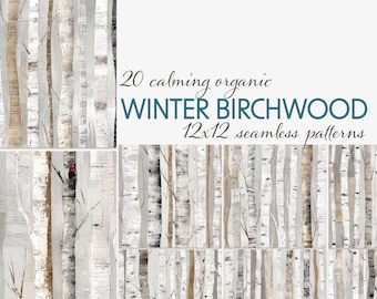 Seamless Birch Tree Digital Papers – 20 Winter Woodland Backgrounds, Rustic Nature Patterns for Scrapbooking, Journals, Crafts & Wall Art