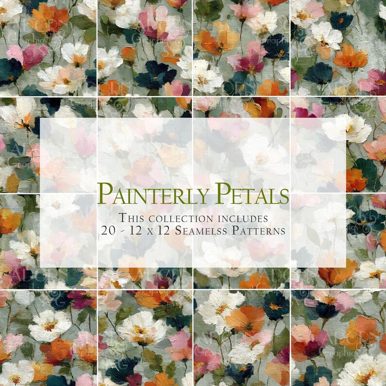 A collection of 20 seamless 12x12 digital floral patterns titled Painterly Petals, featuring expressive brushstroke textures with layered petals in orange, pink, white, and green on painterly backdrops. Perfect for junk journals, scrapbooks, fabric crafts, sublimation, collage, gift wrap, and digital design projects. Instant download in high-resolution JPG format.