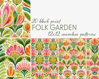 Folk Art Seamless Patterns, 12x12 Digital Papers, Scandinavian Floral Designs, Decorative Botanical Backgrounds