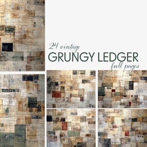 May include: A collage of vintage ledger pages with a grungy aesthetic. The pages are a mix of tan, brown, and cream colors, with handwritten text, stamps, and other ephemera. The text "24 vintage GRUNGY LEDGER full pages" is displayed.
