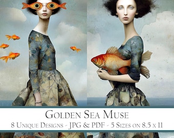Surreal Ocean Women Portrait: Goldfish Fantasy Art Ephemera (JPG, 5 Sizes)