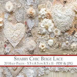 Shabby Chic Bege Lace Junk Journal Backgrounds - Kit de papel para scrapbook - Cenário de tecido desgastado - Papel digital de tecido vintage Meia página
