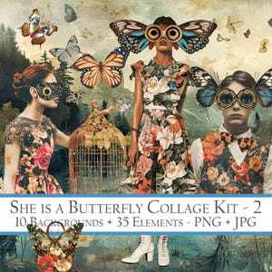 Elle est un papillon, collection de collages fantaisistes, art surréaliste pour Junk Journal, 10 décors, 34 éléments PNG JPG clipart, graphique imprimable
