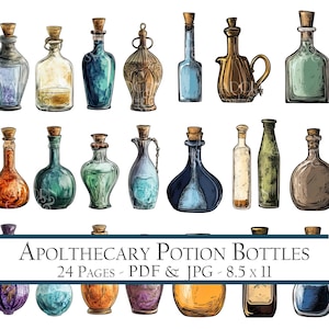 Clipart z butelkami na mikstury w aptece w akwareli: Vintage Ephemera (pobranie cyfrowe)