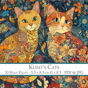 Demi-pages du journal numérique Klimt's Cats - 20 motifs de chats inspirés de Gustav Klimt pour albums de coupures, collage, cartes, couvertures de livre, créations en papier