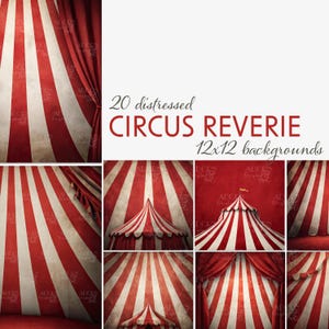 Puede incluir: Un conjunto de 20 fondos de circo desgastados de 30,5 x 30,5 cm. Las imágenes presentan patrones de rayas rojas y blancas, que recuerdan a las carpas y cortinas de circo, con una estética vintage y envejecida. Se muestra el texto "CIRCUS REVERIE".