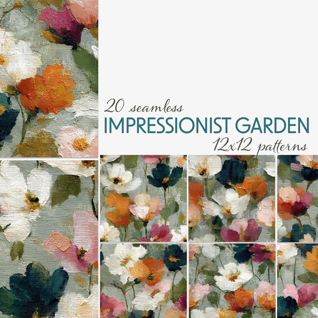 Impressionist Garden Seamless Floral Patterns, 20 Digital 12x12 Paper ...