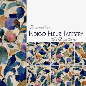 Pode incluir: Composição de arte digital com 20 padrões sem costura "Indigo Fleur Tapestry". Os desenhos florais são em tons de azul, rosa e laranja, com folhas verdes sobre um fundo creme. O texto diz "20 seamless INDIGO FLEUR TAPESTRY 12x12 patterns".