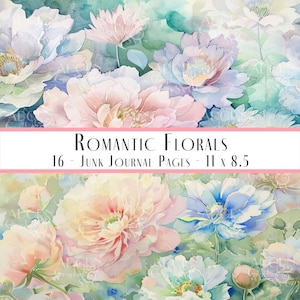 Romantic Flowers Scrappy Papers, Junk Journal, Shabby Pages, Vintage, Pink and Blue, Floral, Backing, Craft, Printable, Digital Download