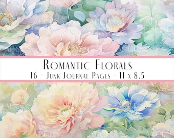 Romantiska blommor Scrappy Papers, Junk Journal, Shabby Pages, Vintage, Rosa och Blå, Blommig, Baksida, Hantverk, Utskrivbar, Digital Nedladdning