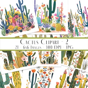 Efímeras de cactus, imágenes prediseñadas de cactus, paisajes desérticos, paquete de imágenes prediseñadas de suculentas, ilustración de cactus en flor, diario basura, recortes de cactus