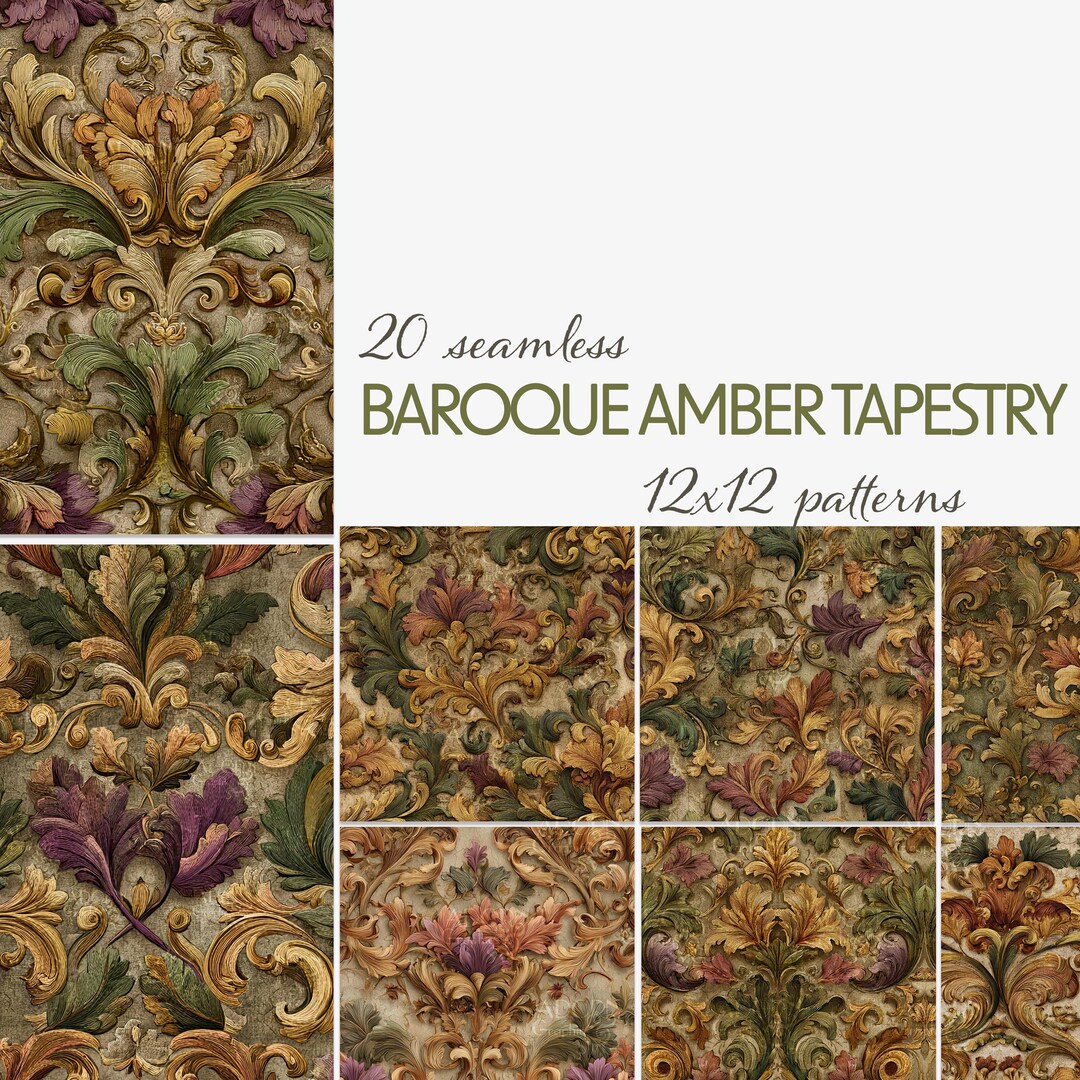 Baroque Amber Tapestry Seamless Patterns – Ornate Autumn Florals in ...