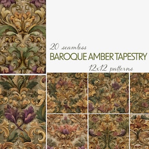 May include: A collection of 20 seamless Baroque Amber Tapestry patterns, each 12x12 inches. The designs feature ornate floral and foliate motifs in shades of gold, green, and purple on a textured background.