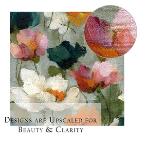 A collection of 20 seamless 12x12 digital floral patterns titled Painterly Petals, featuring expressive brushstroke textures with layered petals in orange, pink, white, and green on painterly backdrops. Perfect for junk journals, scrapbooks, fabric crafts, sublimation, collage, gift wrap, and digital design projects. Instant download in high-resolution JPG format.