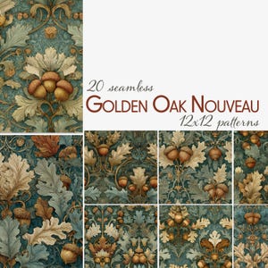 Op de afbeelding: Digitale afbeelding met een herhalend patroon van eikenbladeren en eikels in tinten van blauwgroen, beige en bruin. De tekst "20 seamless GOLDEN OAK NOUVEAU 12x12 patterns" is weergegeven. Het ontwerp is in Art Nouveau stijl.